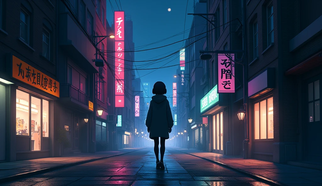 Create a high-quality anime-style scene of a quiet city street at night, with glowing neon signs and dim streetlights. The scene should include a person walking with headphones on, immersed in the cityscape. Capture the calm, reflective mood with detailed lighting and urban elements.