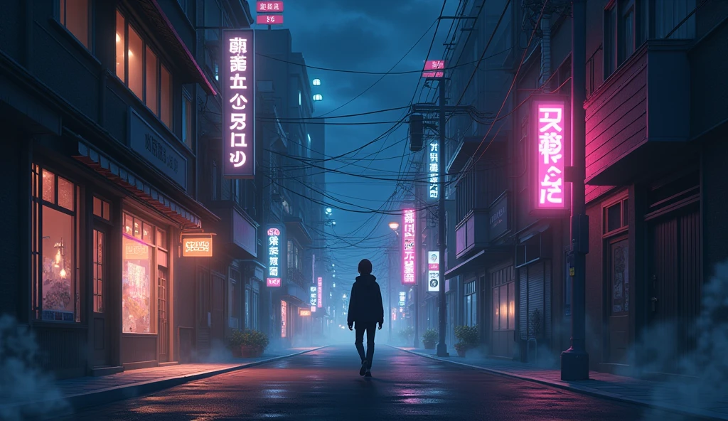 Create a high-quality anime-style scene of a quiet city street at night, with glowing neon signs and dim streetlights. The scene should include a person walking with headphones on, immersed in the cityscape. Capture the calm, reflective mood with detailed lighting and urban elements.