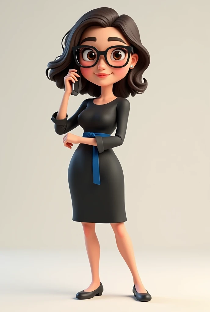A full body 3D cartoon character. She has a friendly and charismatic appearance. The character is a young woman with fair skin, loose dark brown hair, thick eyebrows, large brown eyes and wears glasses. She is smiling confidently. The character is dressed formally, wearing a black dress with a blue sash at the waist. She is holding up a cell phone in one hand. Your posture and relaxed posture suggest confidence and ease. The background of the image is neutral, which highlights the character even more.