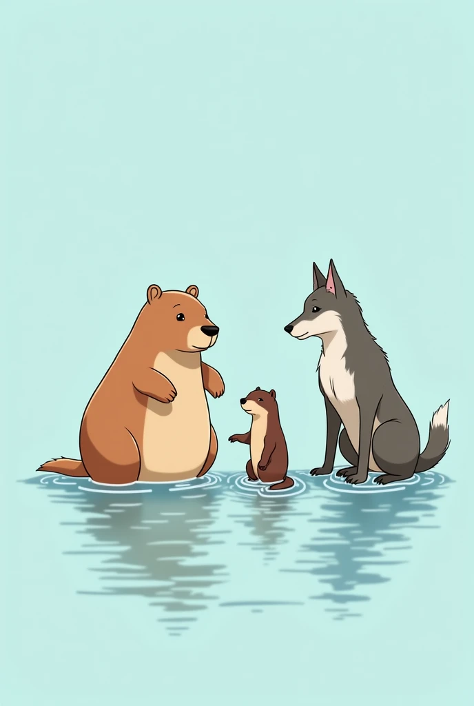 A capybara, an otter and a wolf together form an anime and with a light blue background
