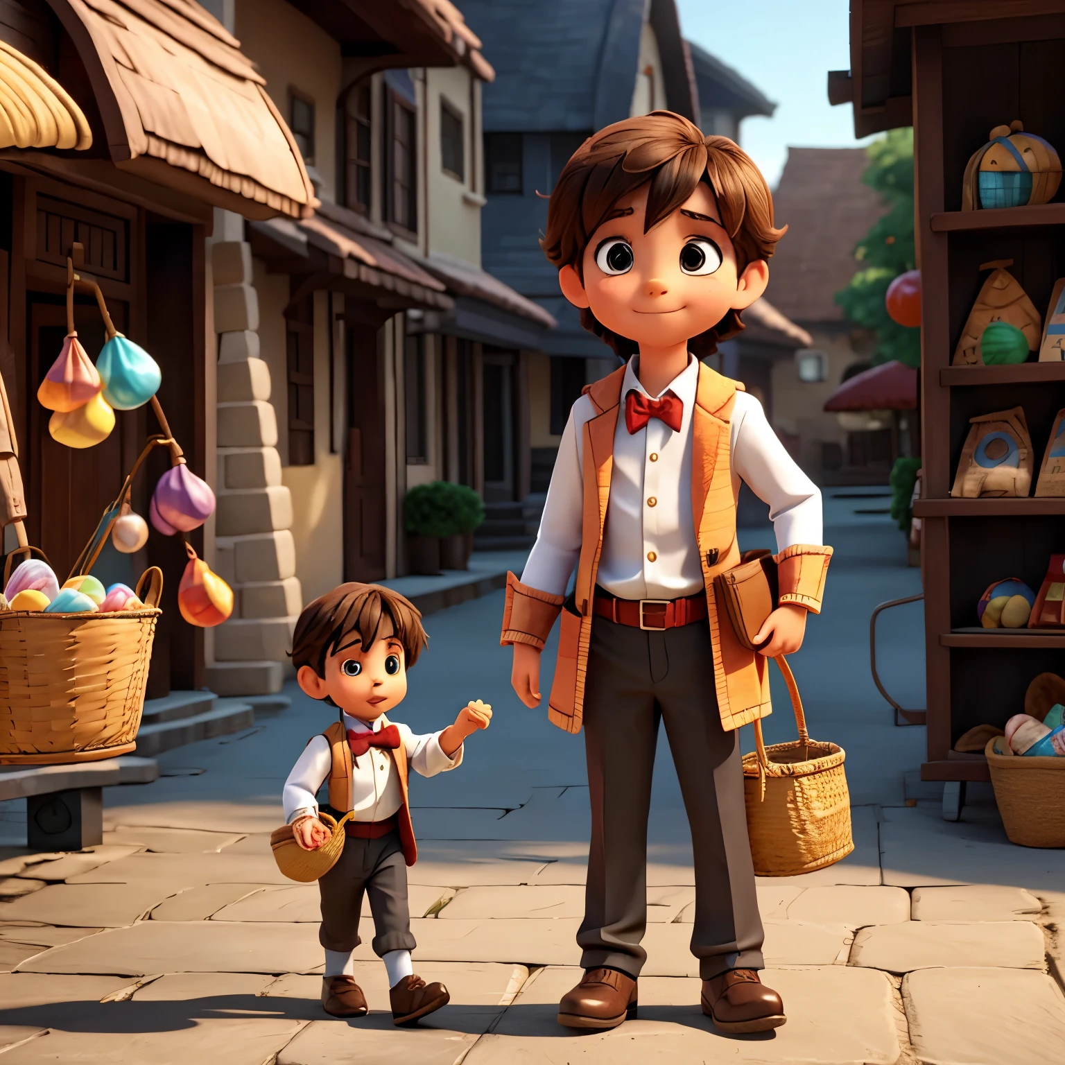 Child walking dressed as a magician and with a basket in his right hand, and a candy falling out of his basket and behind him a girl and a boy who were walking