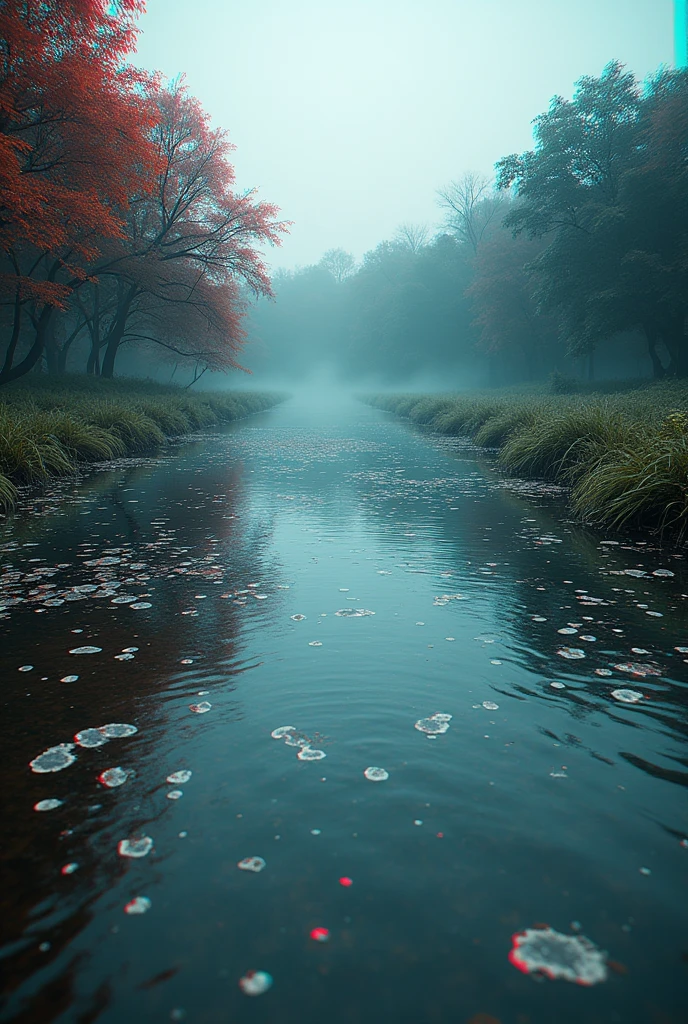 a 3d image to see when using the 3d glasses, about the pollution in the lake, in 3D with red and blue