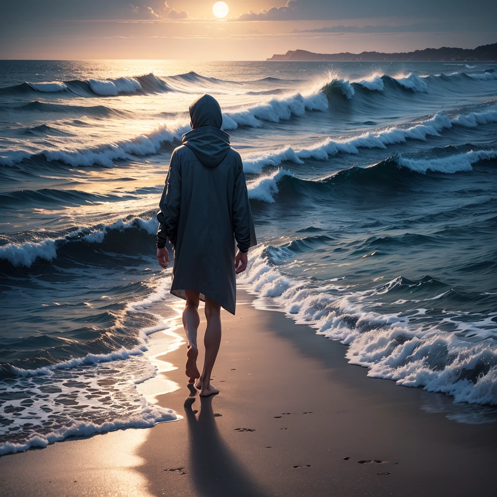 A lone figure, bathed in the dark of moonlight, strides along a deserted beach. The rhythmic crash of waves against the shore provides a soothing soundtrack as the lad's footsteps leave imprints in the wet sand. A sense of tranquility washes over him, and a carefree smile plays on his lips. The endless expanse of the ocean stretches out before him, a symbol of both freedom and mystery.There is a island and hills around the sea