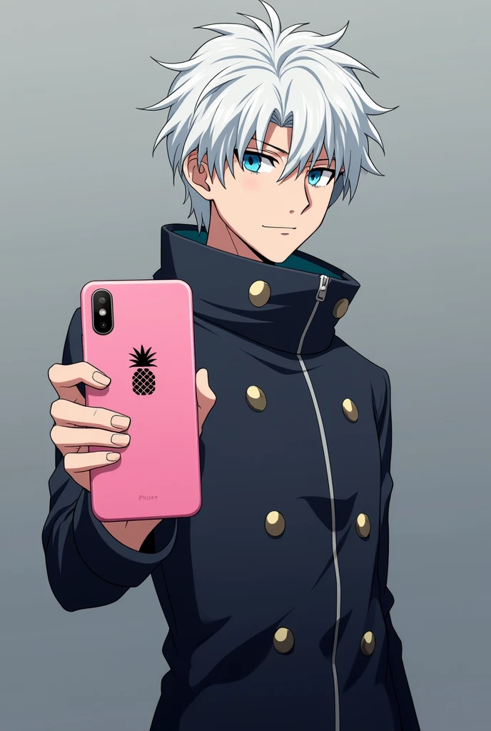 satoru gojo from jujutsu kaisen holding an iphone but his logo is a small black pineapple on the back of the phone and the iphone is pink