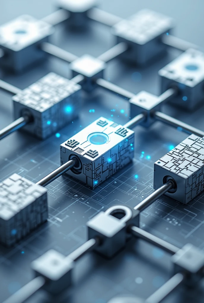 An image showing multiple digital blocks securely linked together by a chain made of locks or padlocks, representing cryptography. "