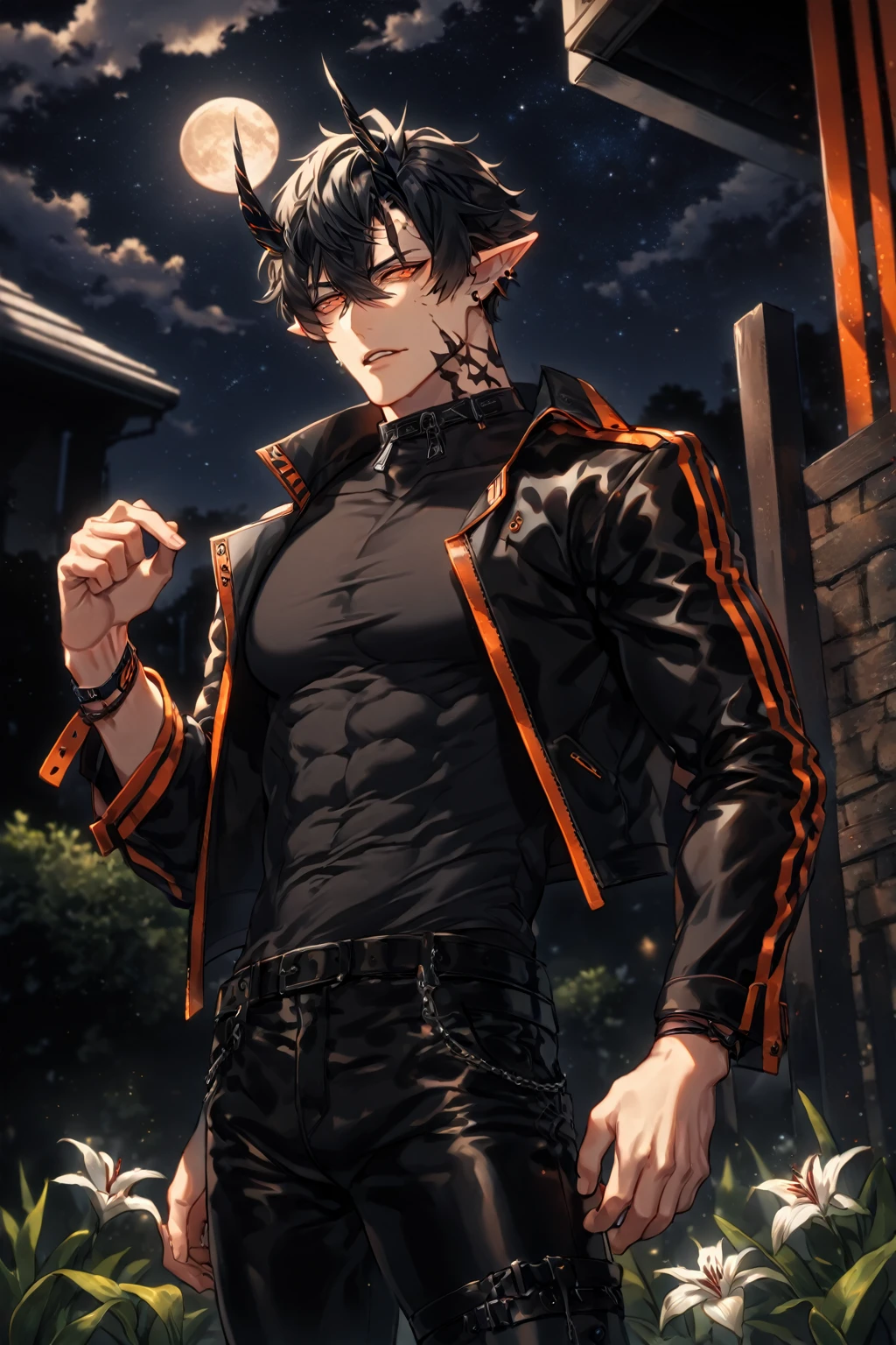 absurdres, highres, ultra detailed, HDR) master piece, best quality, extremely detailed, detailed face, detailed eyes, delicated features, Flamebringer, black hair, expressive orange eyes, Arknights, solo, sexy man, handsome, toned, sensual, manly man, black horns, slightly pointed ears, black marks on the face, cropped leather jacket with orange patterns, tight turtleneck shirt, collar, black leather pants, night, garden, red flowers, fantasy, magical, moon, starry sky