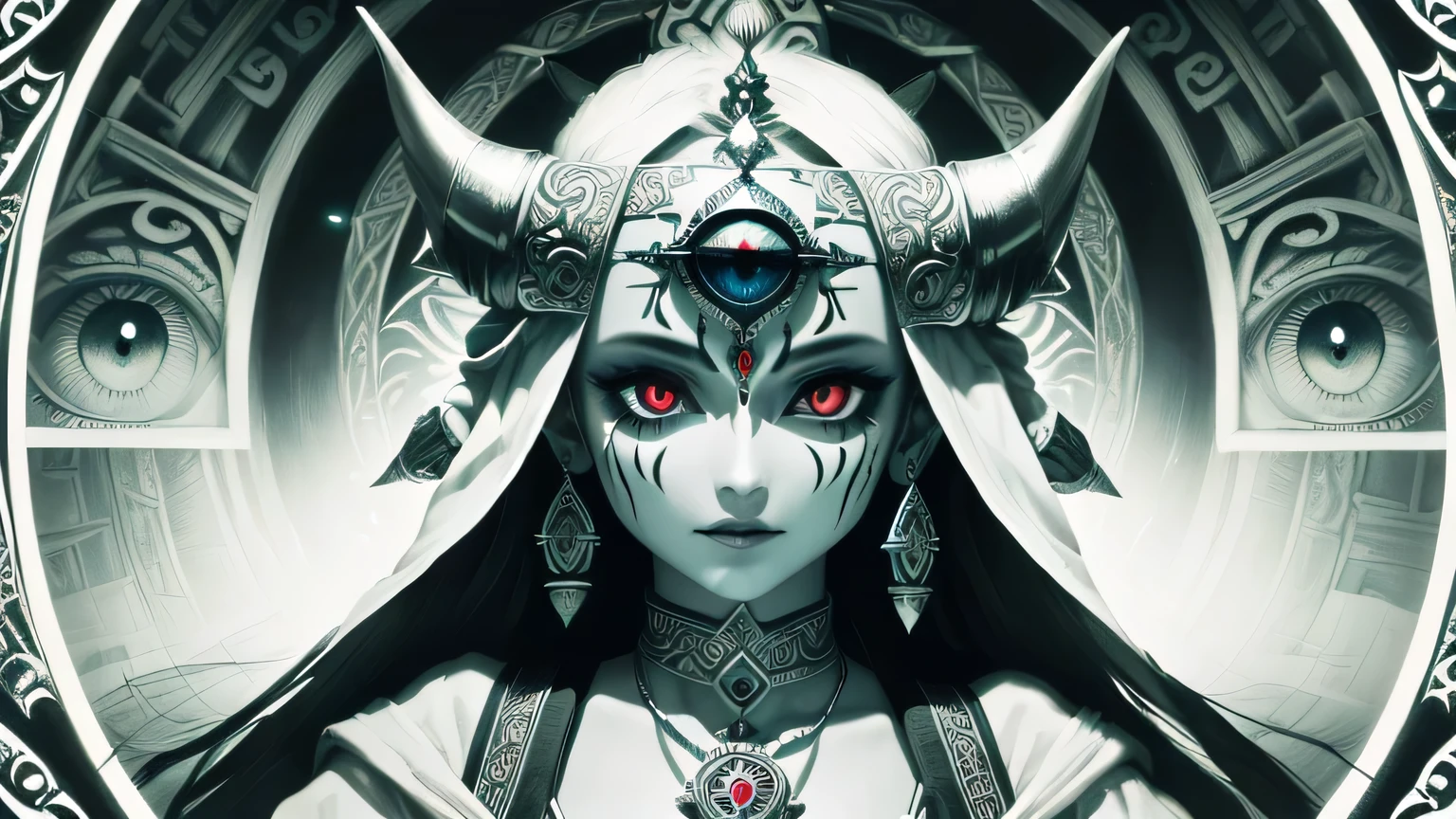 a close-up of a black and white photograph of a window, abrindo o third eye, wedjat eye, THE EYE THAT SEES EVERYTHING, Índio third eye tika, third eye no middle of the forehead, third eye, middle of the forehead, Hidden silver mask of full face, very grainy image, ( THE EYE THAT SEES EVERYTHING ), Índia tika third eye, vhs screenshot, THE EYE THAT SEES EVERYTHING, evil, devil, Malignant, horns
