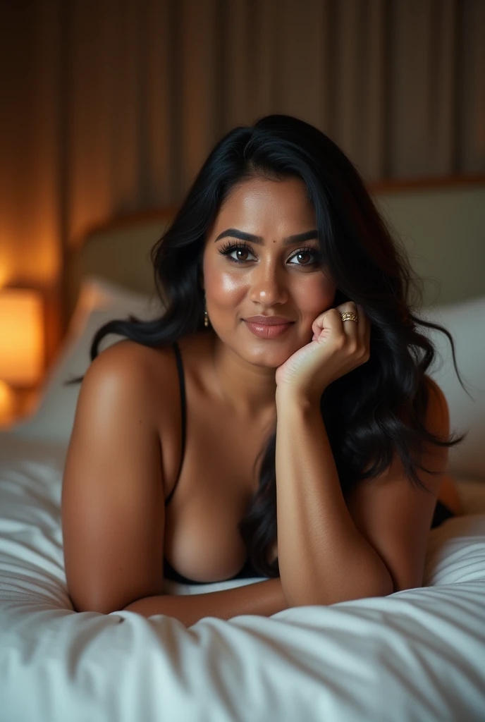 lavanya , extreme closeup face, tiny black lingerie, in bedroom, selfie, ultrarealsitic, body closeup, close up body shot, cleavage and navel, milf, glossy red lips