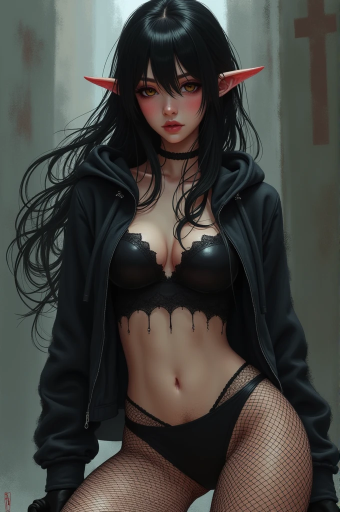 blush, black hair, (fishnet pantyhose), black panties, hoodie, crop top, pointy ears,
