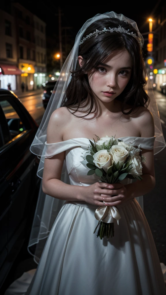 The silhouette of a bride,American features brunette with a long veil, older, with a wilted bouquet wandering along the road, car passing by, with ghostly lighting at night