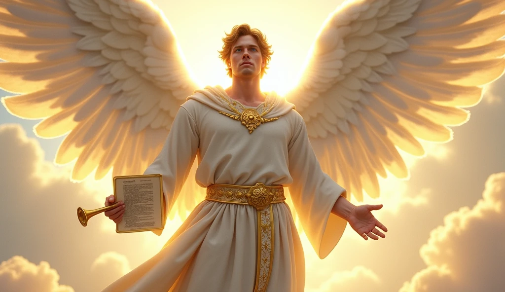 Create an image of the archangel Gabriel as described in the Bible. Gabriel is depicted as a powerful and majestic figure, with a tall, muscular build. He has large, glowing white wings that extend gracefully behind him. His attire is a flowing white robe with golden accents, and a radiant light surrounds him, symbolizing his divine nature. His expression is calm yet commanding, with piercing blue eyes and a serene face. In one hand, he holds a golden trumpet, symbolizing his role as a messenger of God, and in the other, a scroll with ancient writings. The background should be a heavenly sky filled with soft clouds and a warm, golden light, emphasizing his celestial origin.