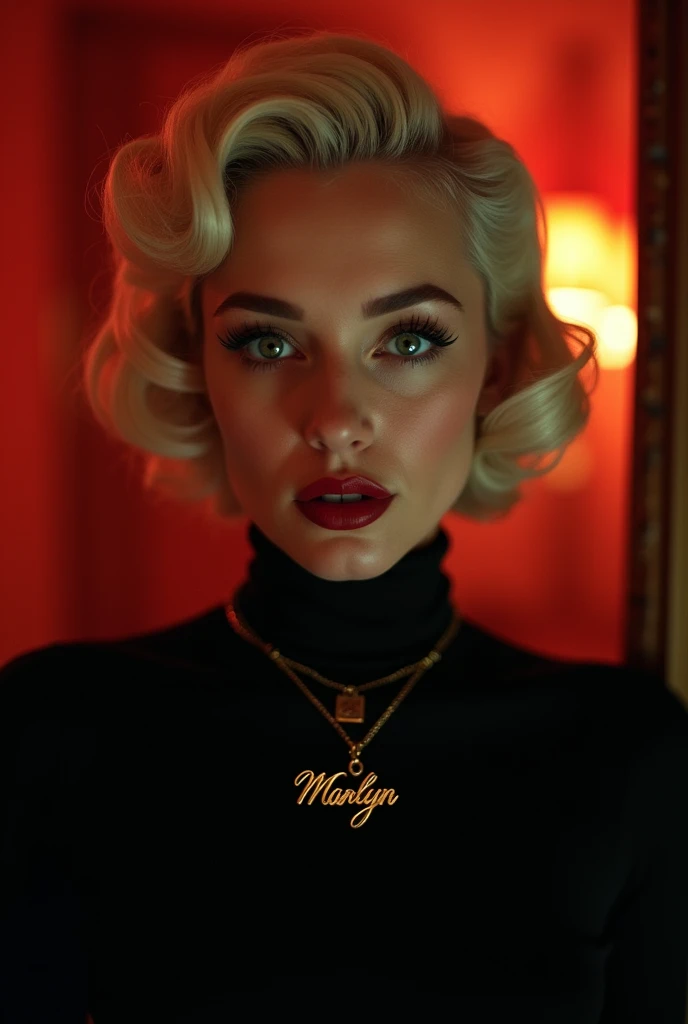A sultry, close-up portrait of a blonde woman with short, styled curls, dressed in a black turtleneck sweater and adorned with a gold necklace bearing the name "Marilyn". Her grey eyes, enhanced with eyelashes, gaze straight at the viewer, her parted lips painted red with a subtle ring of subtle, dark lipstick. Her facial expression is enigmatic, conveying a mix of confidence and vulnerability. The image is styled after the iconic 1950s Hollywood glamour, combined with the moody, atmospheric lighting of a film noir. The background, a softly focused red room, is dimly lit by subtle, warm orange and red hues. The lens is focused on the subject's face, with the edges of her features blurred, emphasizing her captivating eyes and piercing gaze. The image has a subtle film grain, with a slight, warm color grading that adds to the retro ambiance. The overall mood is dramatic, sensual, and intriguing, inviting the viewer to step into the mysteries of the image.