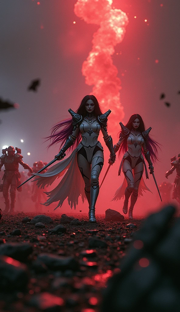 Masterpiece, Best Quality, Official Art, (Highly Detailed CG Unity 8k wallpaper), Detailed background, (Hands by Guido Daniele: 1.1). Full body pose sexy sisters of battle from the warhammer 40k, shooting at the enemy, white armor with intricate details, red armor with intricate details, religous symbols on the armor, sisters of battle, warhammer 40k, Massive silicone breast, pale skin, seductive, temptation, eat your soul, clevage, long flowing black hair with purple highlights, heavy gothic makeup, at night, neon, beautiful detailed eyes, beautiful detailed lips, extremely detailed eyes and face, long eyelashes, highly detailed armor, intricate futuristic weaponry, dramatic lighting, cinematic composition, muted color palette, gritty and realistic, mecha, science fiction, hyper-detailed, photorealistic, award winning digital art, 8k, HDR, masters work, in the middle of a battle field, full body combat action pose, explosions and fire around, full war, stunning, Stilleto heels, high heels, full body pose, cinematic, movie trailer, final stand!, nemesis, ready to strike, dust and debree, combat screams, attacking, shooting at the enemy, running forward, last line of defense, charging, fanatic, religious, templar knights, sisters of battle, warhammer 40k