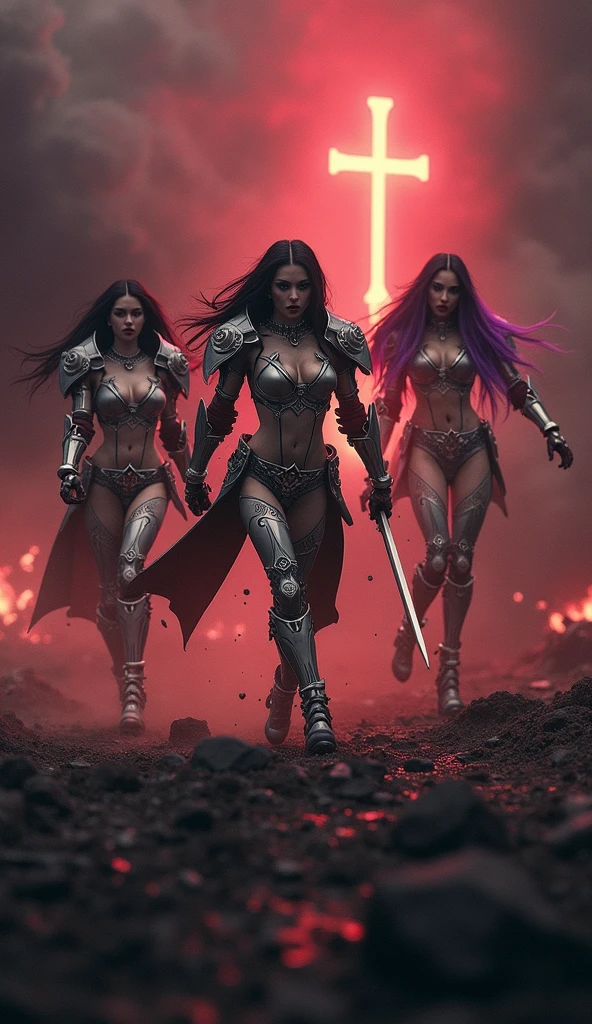 Masterpiece, Best Quality, Official Art, (Highly Detailed CG Unity 8k wallpaper), Detailed background, (Hands by Guido Daniele: 1.1). Full body pose sexy sisters of battle from the warhammer 40k, shooting at the enemy, white armor with intricate details, red armor with intricate details, religous symbols on the armor, sisters of battle, warhammer 40k, Massive silicone breast, pale skin, seductive, temptation, eat your soul, clevage, long flowing black hair with purple highlights, heavy gothic makeup, at night, neon, beautiful detailed eyes, beautiful detailed lips, extremely detailed eyes and face, long eyelashes, highly detailed armor, intricate futuristic weaponry, dramatic lighting, cinematic composition, muted color palette, gritty and realistic, mecha, science fiction, hyper-detailed, photorealistic, award winning digital art, 8k, HDR, masters work, in the middle of a battle field, full body combat action pose, explosions and fire around, full war, stunning, Stilleto heels, high heels, full body pose, cinematic, movie trailer, final stand!, nemesis, ready to strike, dust and debree, combat screams, attacking, shooting at the enemy, running forward, last line of defense, charging, fanatic, religious, templar knights, sisters of battle, warhammer 40k