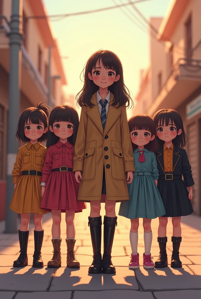 Best Quality,ultra detailed,((Whole body)),((A boy)),((five children)),((trap)),((Long hair)),((the face of man)),((man body)),((dress up as a woman)),blush,highly strung,((without breasts)),((Trench coat)),((long high heel boots in black)),vibrant colors,Soft lighting,bottom:Street.retro