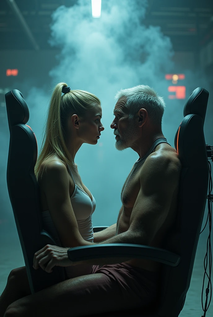 A sexy blonde woman and an old man seated in futuristic chairs. Both are screaming. They both have wires and electrodes hooked up to their bodies. In a smokey laboratory