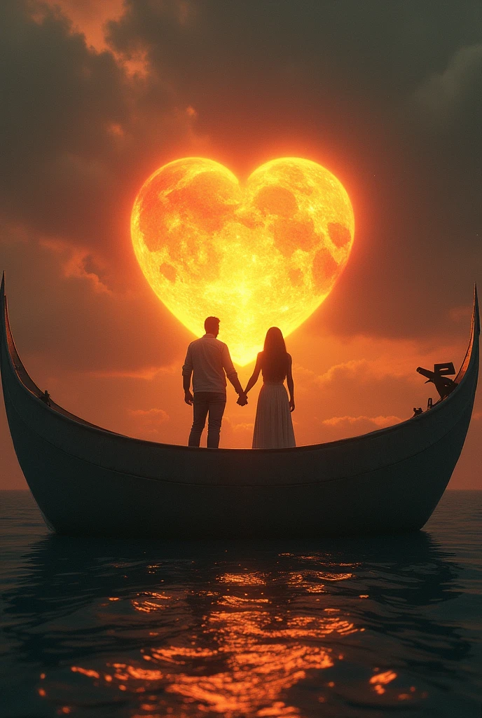 Wounded heart symbolizing the sun, two people holding hands, addressing him, in a big metal boat