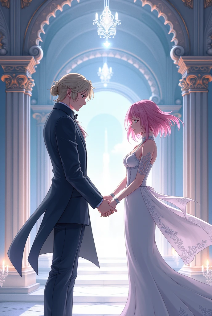 The character "Reiji Sakamaki" (from the game "diabolik lovers") taking the character&#39;s hand "yae miko" (from the game "genshim impact"), who is wearing a long white mermaid style dress, high collar and lace sleeves, sakura pink hair tied in a sleek bun. The scene takes place in a crystal hall where the focus is on both, the woman displays a slender and elegant smile while the man remains serious. 