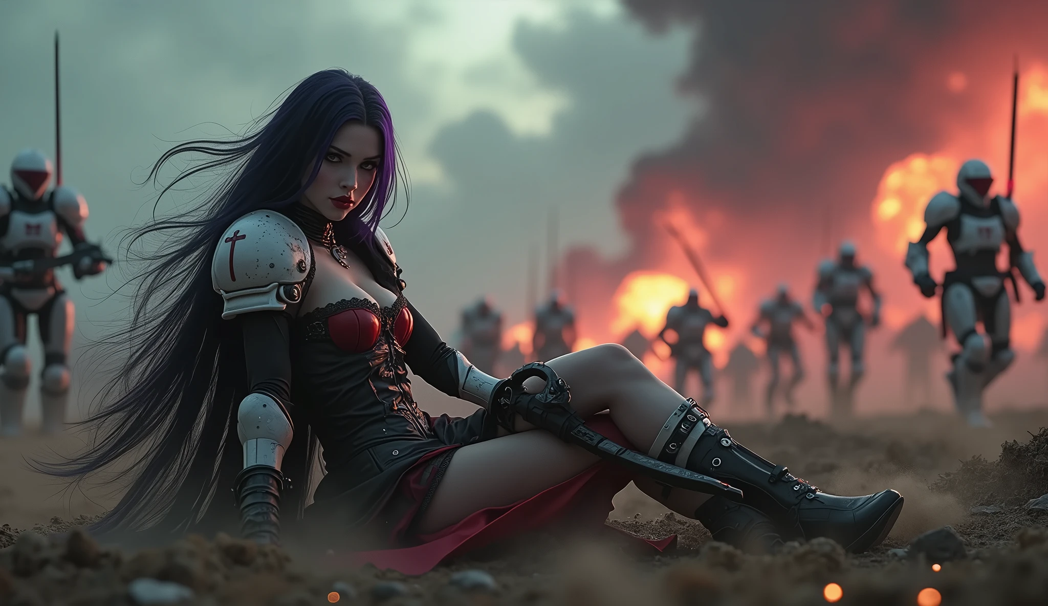 Masterpiece, Best Quality, Official Art, (Highly Detailed CG Unity 8k wallpaper), Detailed background, (Hands by Guido Daniele: 1.1). Full body pose sexy sisters of battle from the warhammer 40k, shooting at the enemy, white armor with intricate details, red armor with intricate details, religous symbols on the armor, sisters of battle, warhammer 40k, Massive silicone breast, pale skin, seductive, temptation, eat your soul, clevage, long flowing black hair with purple highlights, heavy gothic makeup, at night, neon, beautiful detailed eyes, beautiful detailed lips, extremely detailed eyes and face, long eyelashes, highly detailed armor, intricate futuristic weaponry, dramatic lighting, cinematic composition, muted color palette, gritty and realistic, mecha, science fiction, hyper-detailed, photorealistic, award winning digital art, 8k, HDR, masters work, in the middle of a battle field, full body combat action pose, explosions and fire around, full war, stunning, Stilleto heels, high heels, full body pose, cinematic, movie trailer, final stand!, nemesis, ready to strike, dust and debree, combat screams, attacking, shooting at the enemy, running forward, last line of defense, charging, fanatic, religious, templar knights, sisters of battle, warhammer 40k