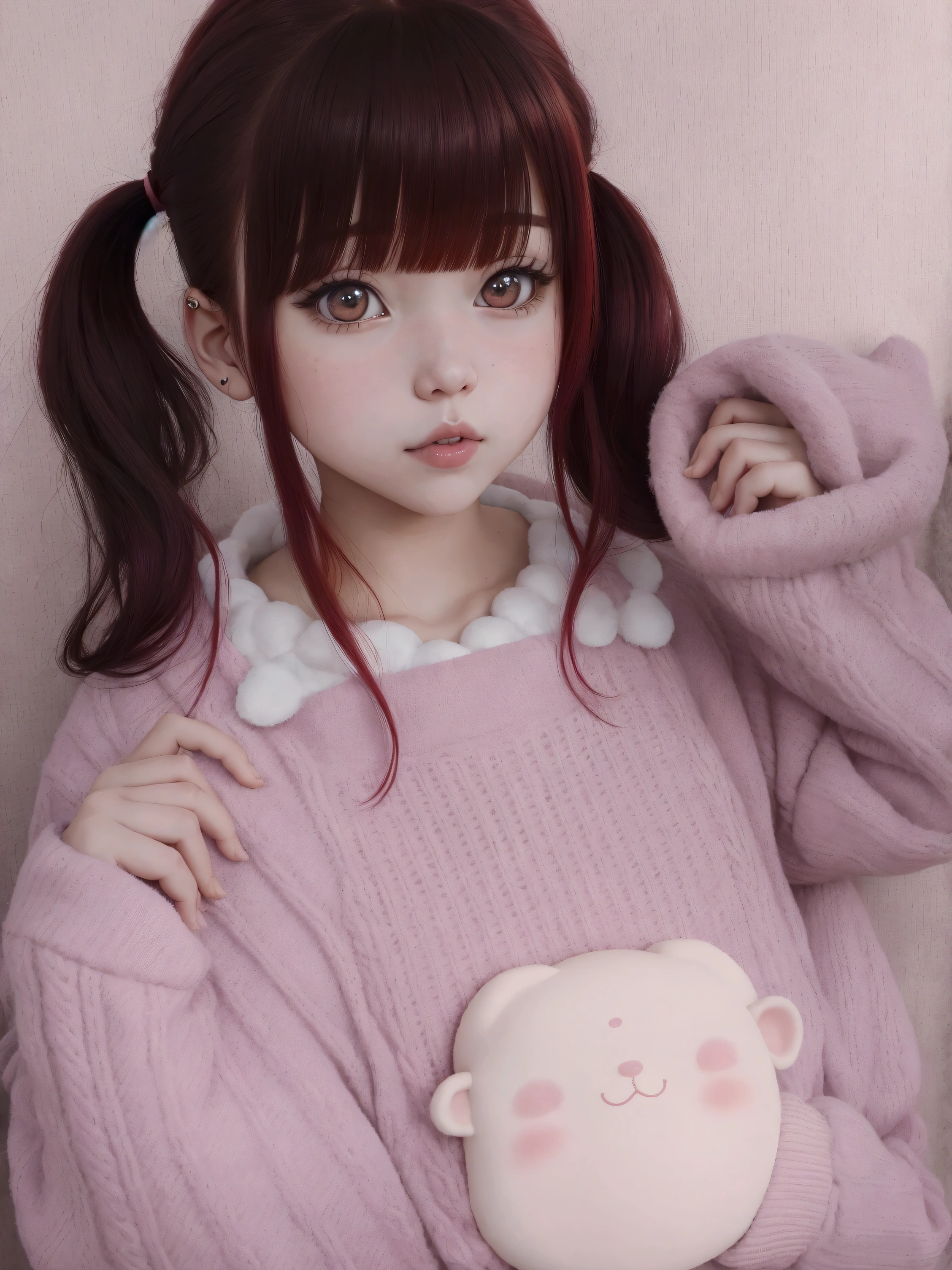 A red-haired girl in a pink sweater holding a teddy bear, Beautiful kawaii girl, kawaii hairstyle, ulzzang, kawaii hairstyle, chiho, two tails, Pink hair and cyan eyes., beautiful dolphin, 🍂 Beautiful, Kemonomimi, pigtails hairstyle, shikami, black hime cropped fur, two tails hairstyle
