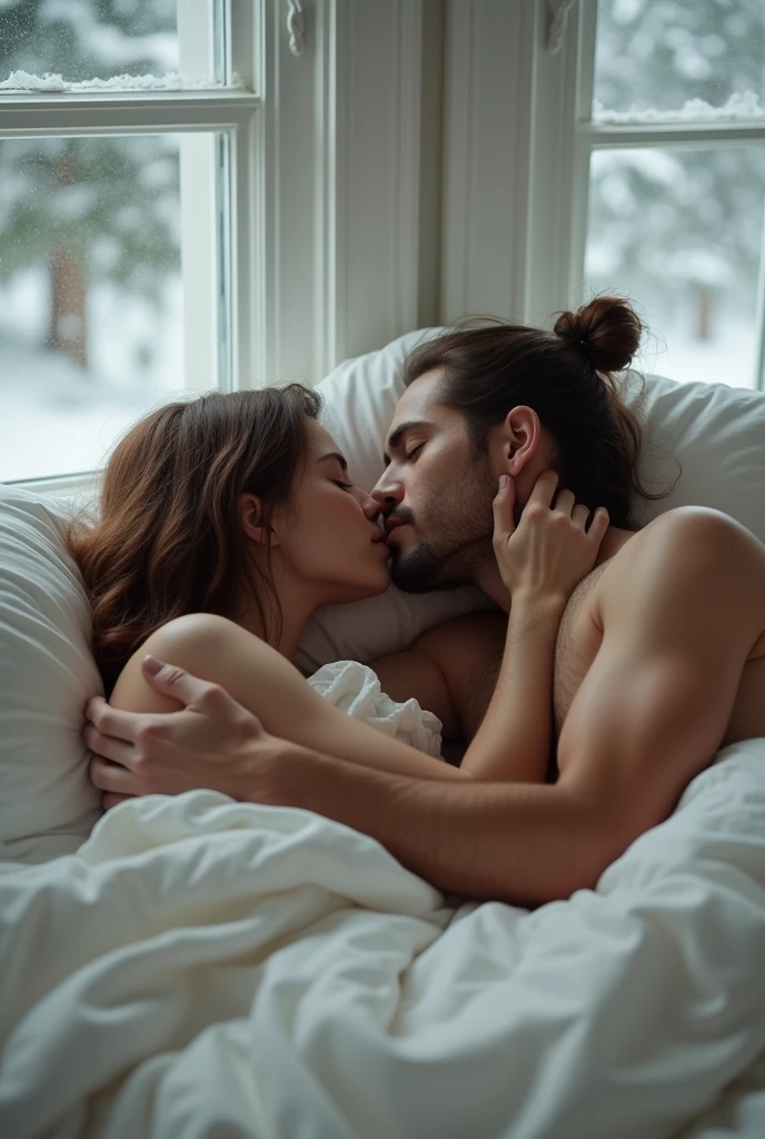 Create dynamically posed images, a couple sleeping in bed masturbating each other, with their hands on each other's private parts, a handsome man, Can Yaman, 20 year, long brown hair with bun, strong square chin, defined chin, thin thin mustache , strong muscular physique, Unclothed com o dick duro. He is sucking on a young woman's breast with his mouth., Kennedy Walsh, Caucasian skin, freckles, greyish blue eyes, very long brown silky hair with curtain style bangs, Unclothed. They are lying in a large white bed sleeping with window panes showing a pine forest falling snow, sucking on her breast, he is showing his penis