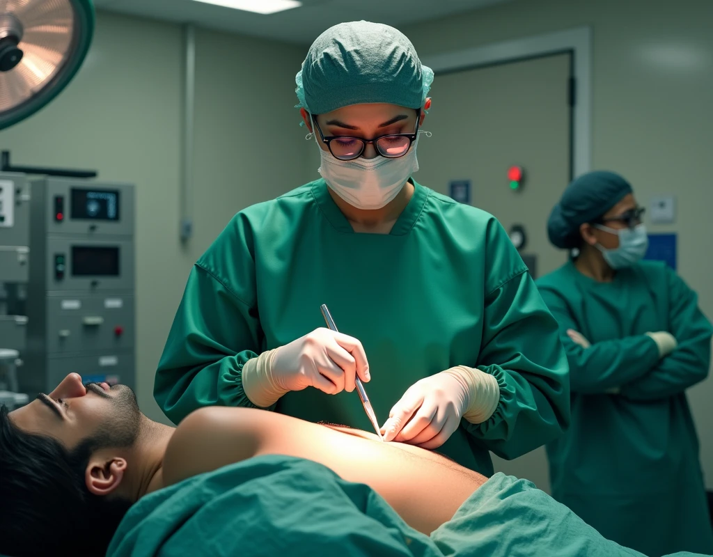Sonakshi Sinha as surgeon, wearing green scrubs, wearing surgical mask and skull cap, wearing surgical glasses, performing heart surgery on male patient, in operation theatre, fullbody view, cutting the chest with scalpel,