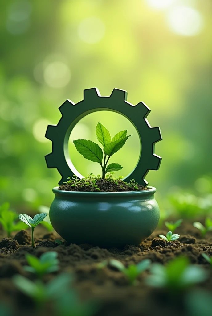 A logo, with the gear as if it were, a plant pot, a celebration with a plant inside the jar, in shades of green, greenhouse and agribusiness is the main point of the brand logo