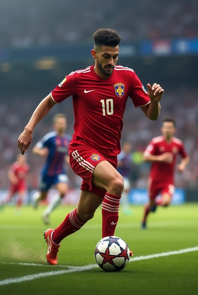 Pedro kicks and scores the goal (red uniform and shirt 10)