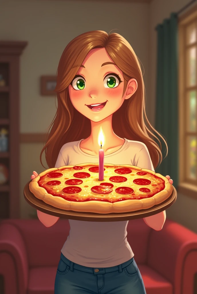 I want to congratulate my friend on his 27th birthday today. He likes pizza, and I would like the pizza to have a 27th birthday candle on it. I'm 2 with long light brown hair and green eyes. I would also like the image to be an animation (like a cartoon) showing me bringing a birthday pizza to him