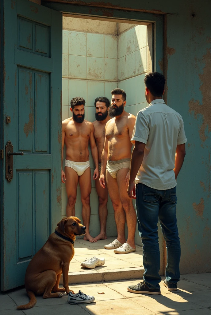 Shirt reporter, pants and sneakers leaning against the door outside an old house next to a dog, watching strong, bearded Puerto Rican men showering in their underwear inside.