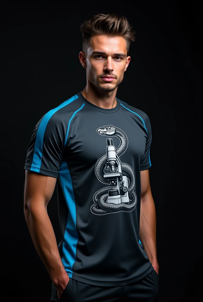 Shirt on a black background with Pharmacy course print with snake coat of arms wrapped around a microscope on the chest and in a sporty style with blue stripes on the sides