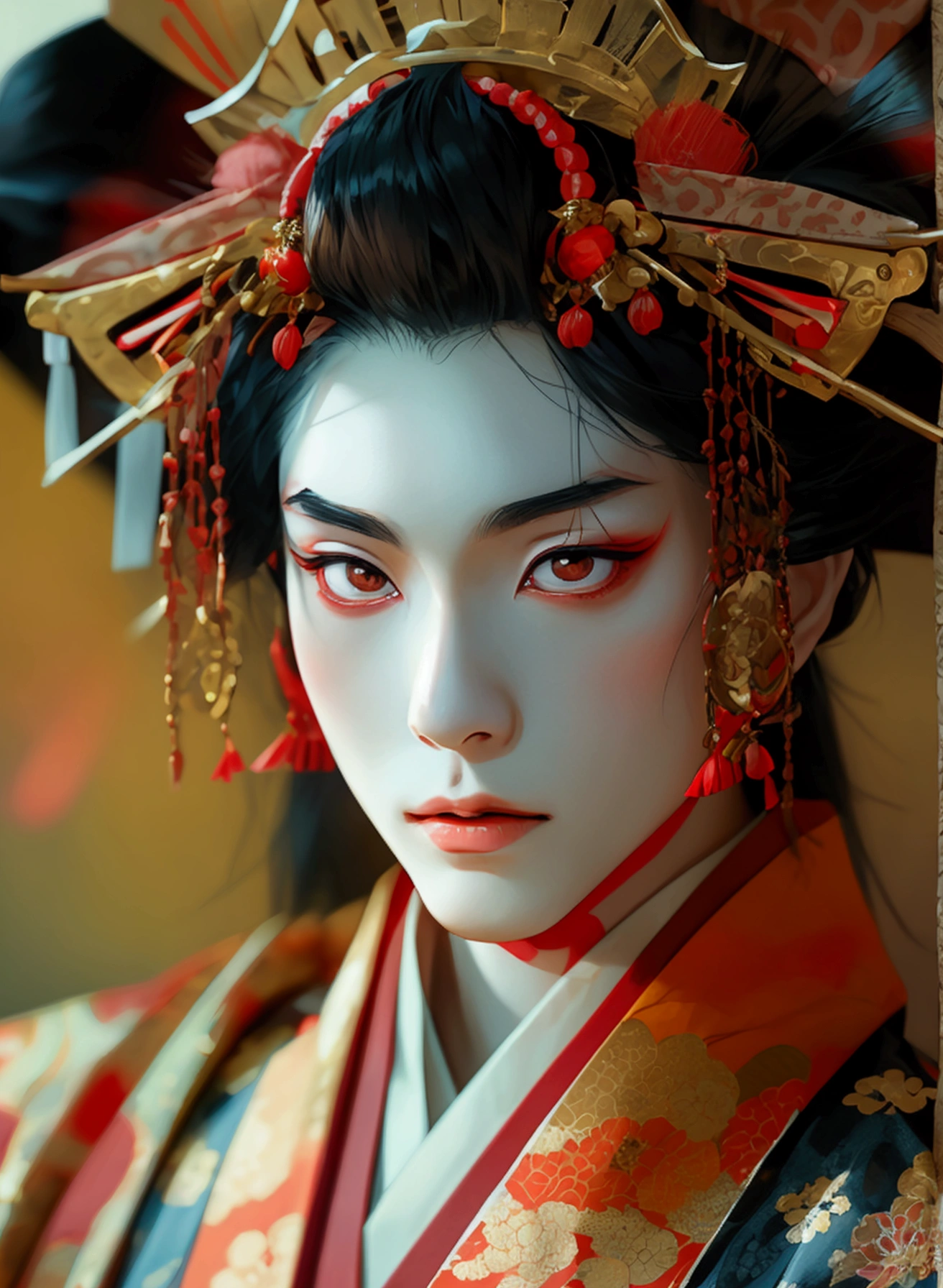 In a traditional Japanese theater, a slender young man, dressed in kabuki attire, with waist-length raven hair, pale-rosy skin, and striking brown eyes, embodies elegance and grace as he moves gracefully under the dimly lit stage.
