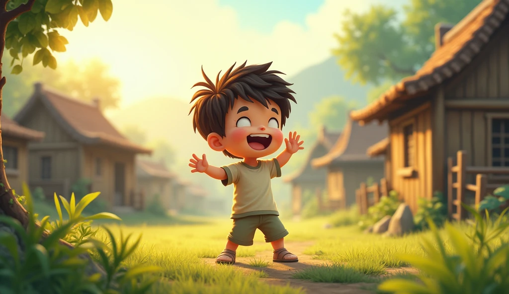 Young boy  wake up in the morning in village
