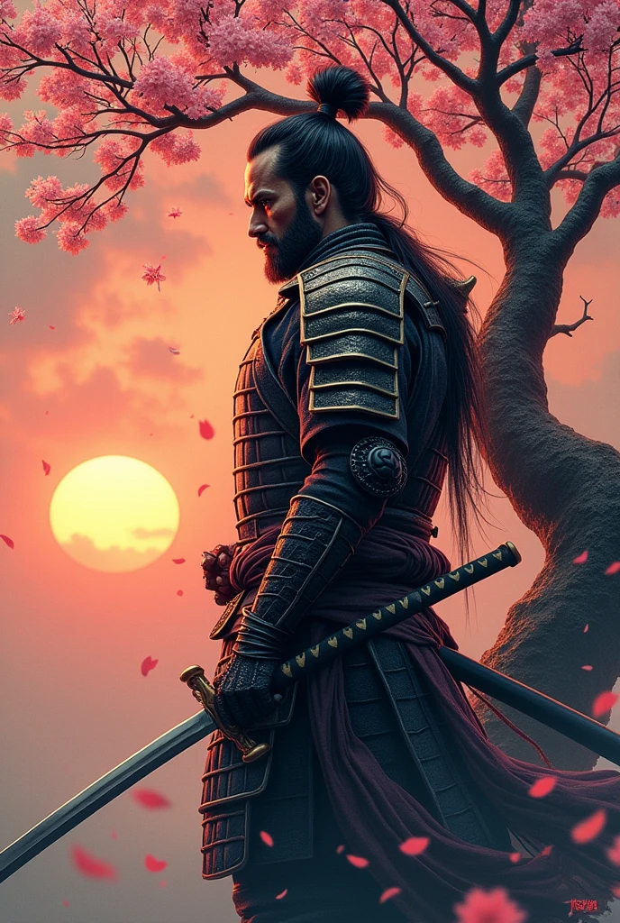 Tattoo of a samurai at sunset with a cherry tree in the background