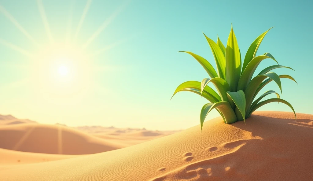 Plant growing on the right side in the desert illuminated with sun rays