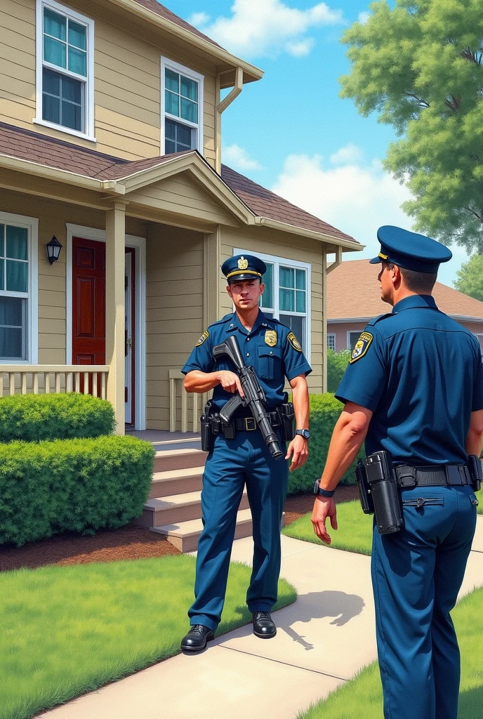 drawn in the form of a colored drawing, attentive and cautious police officers entering a house