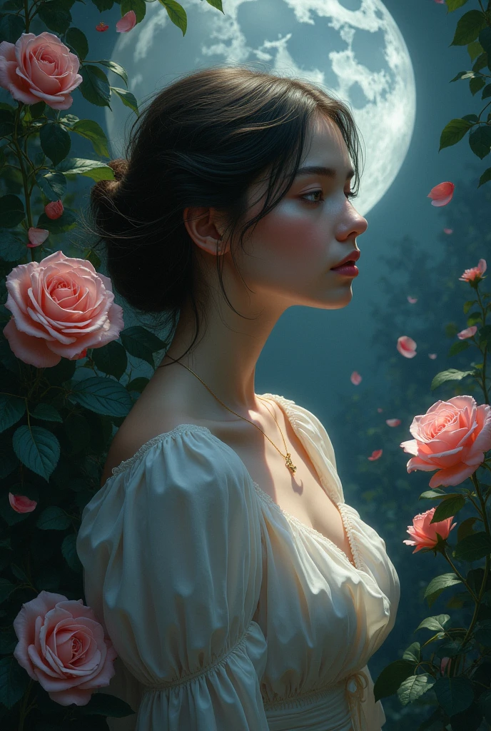 Woman in the moonlight, between roses and shadows