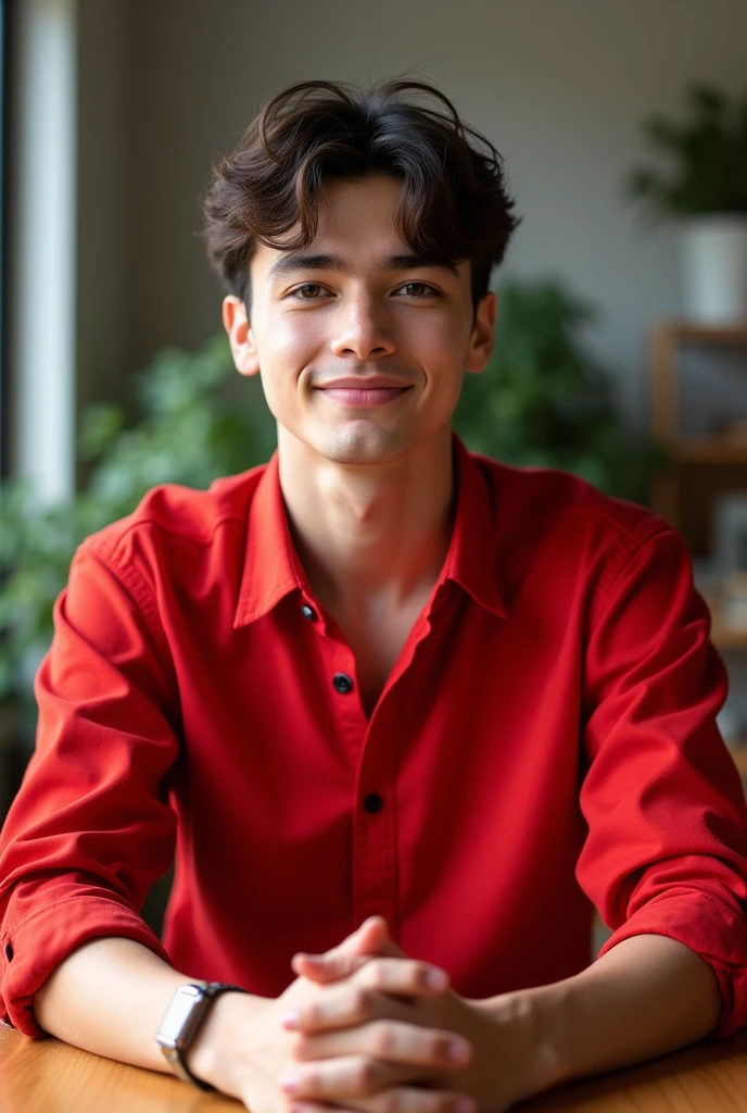 A boy age 19 year red colur shirt in studio rom fornt tebel