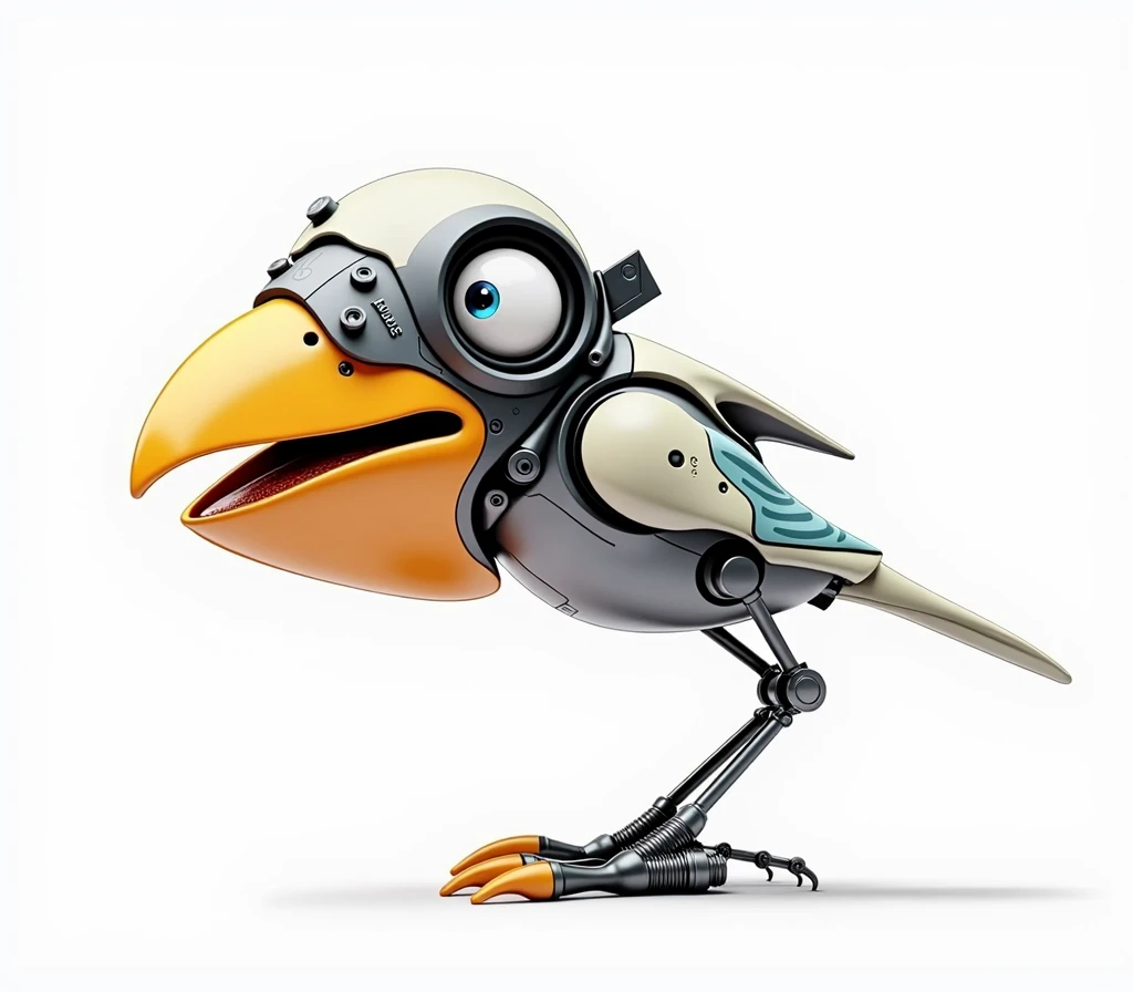 A 3D image with a robotic appearance of this crow with an orange tip and tired and hangover eyes, the image is like a science fiction movie.