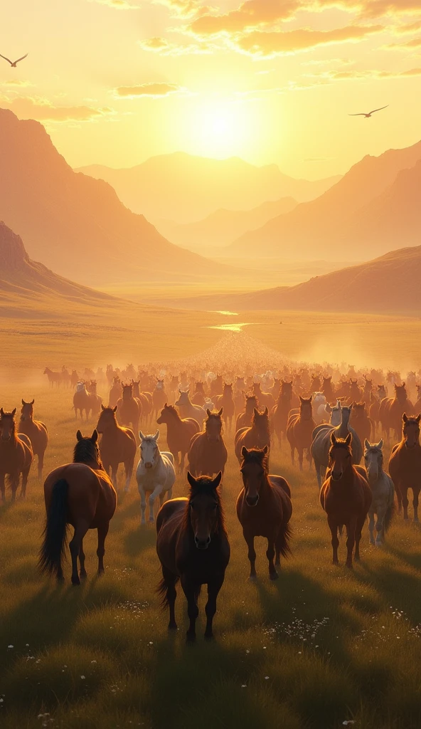 A sweeping view of Kutulun’s amassed herd of ten thousand horses, grazing across the vast Mongolian steppes. The scene should be majestic, with the sun setting behind the mountains, casting a golden hue over the landscape.