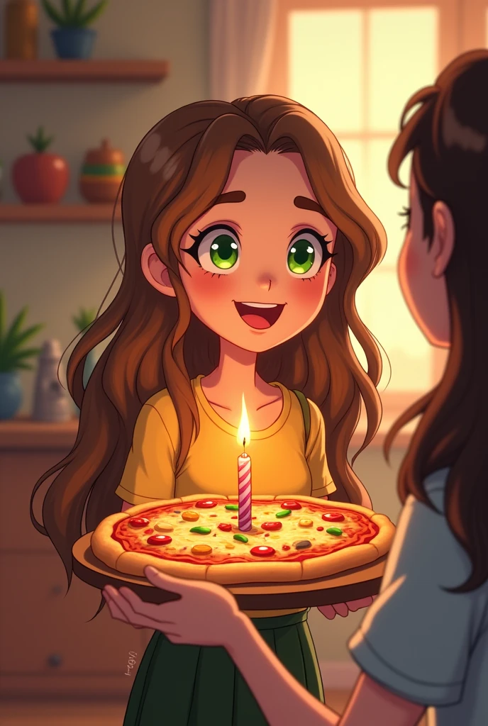 I want to congratulate my friend on his 27th birthday today. He likes pizza, and I would like the pizza to have a 27th birthday candle on it. I'm 2 with long light brown hair and green eyes. I would also like the image to be an animation (like a cartoon) showing me bringing a birthday pizza to him
