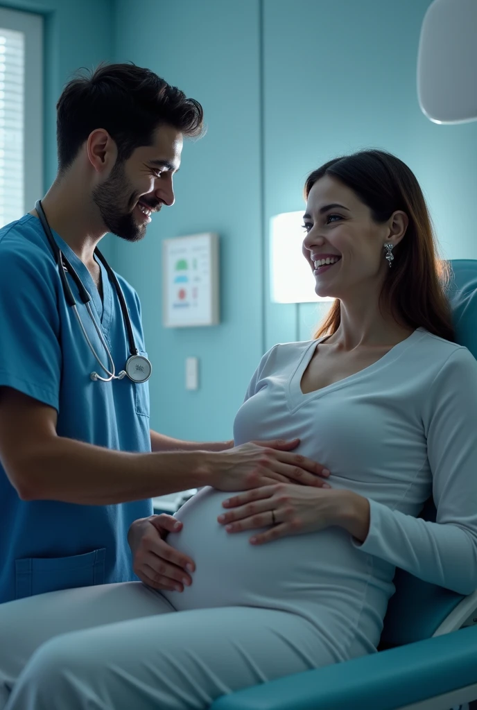 radiology services video, attractive and welcoming man with soft latino features radiology performin an abdominal ultrasound on a woman in her 40s that seems to be satisfied with the service, indoors, soft lighting, realistic, intricate details, soft cold colors
