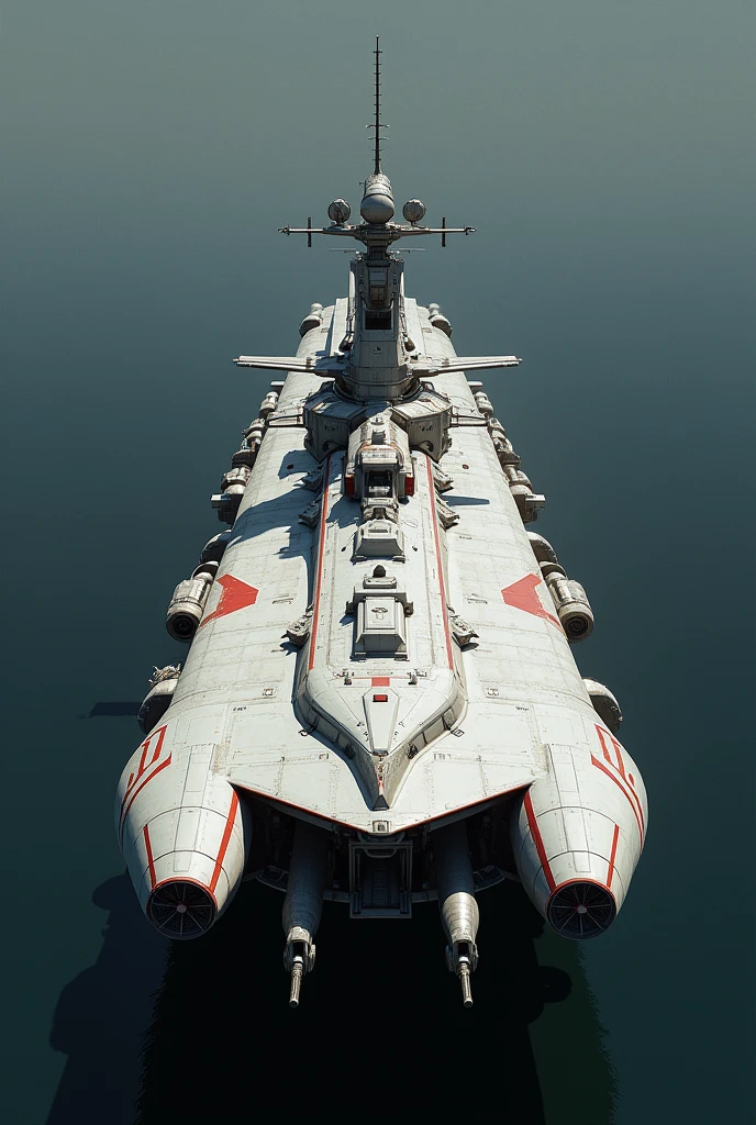gigantic spaceship, thin and long. It reminds me of a submarine. At the top we have huge 2-gun turrets. The main command tower is located towards the rear of the ship.. It is formed by a block, the command section and on the sides we have the spherical antennas. The propulsion system is double, i.e., a huge propulsion system on each side of the ship at the back. The ship is white with red details. Below the ship we have the entrance and exit deck for the smaller ships..
