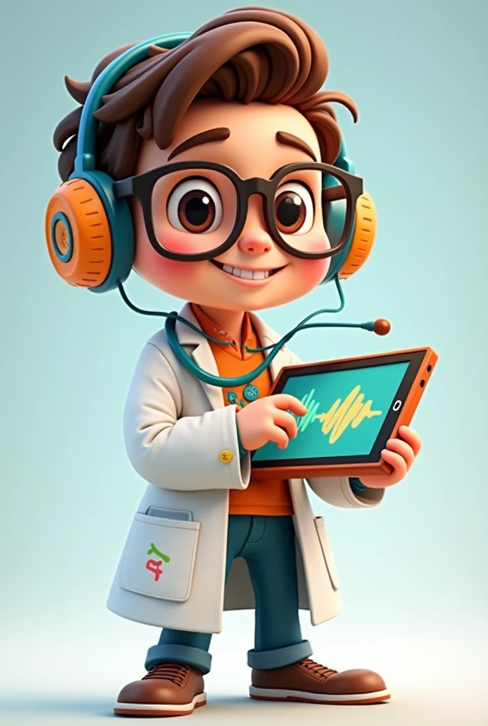 Create a friendly character that resembles a doctor with a playful twist. The character, named Dr. Eco, should have a warm, approachable expression, with a stethoscope shaped like a pair of headphones hanging around his neck. Dr. Eco wears a lab coat, but instead of being plain white, it has subtle, colorful patterns representing sound waves or music notes. His hair is neat, and he has glasses that give him an intelligent yet kind appearance. Dr. Eco is holding a tablet or a device showing a game screen, indicating his connection to auditory training