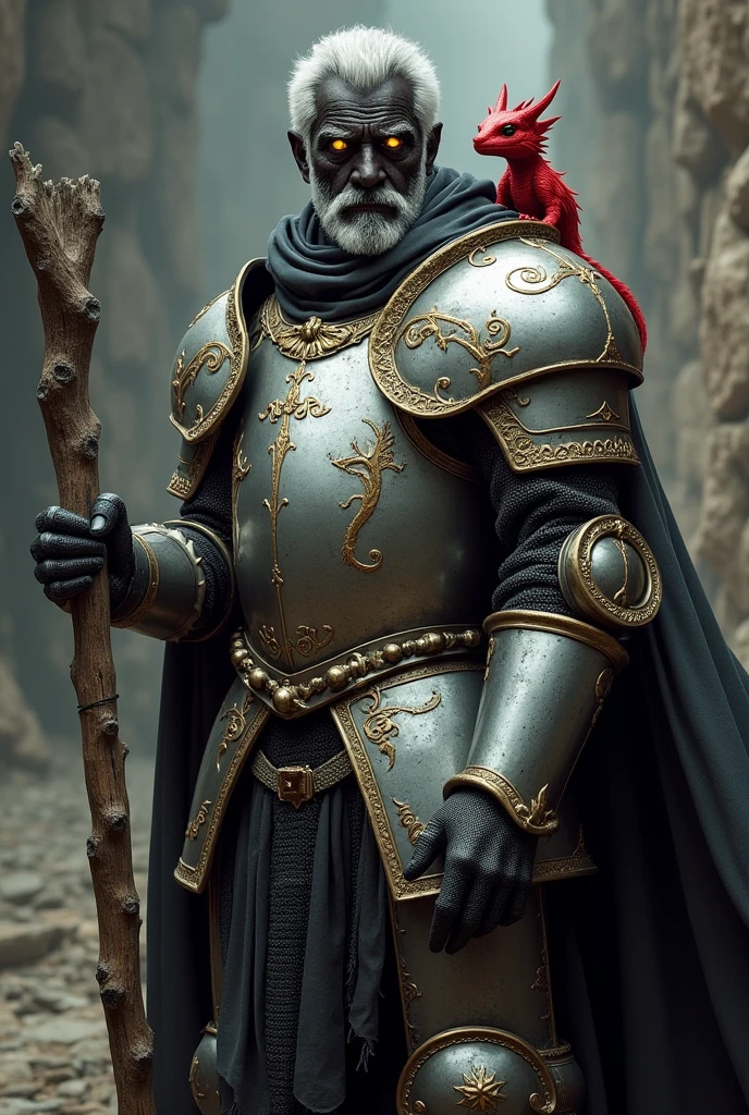 Middle-aged knight in plate armor, wide and bright, silver plated with gold filigree, covered by dark tattered fabric, cabeza covered by dark tattered fabric, black skin, medium short silver hair, short silver beard, white eyes that emit light, leaning on a stick that looks like a tall branch, with a dwarf red dragon with wings on his shoulder