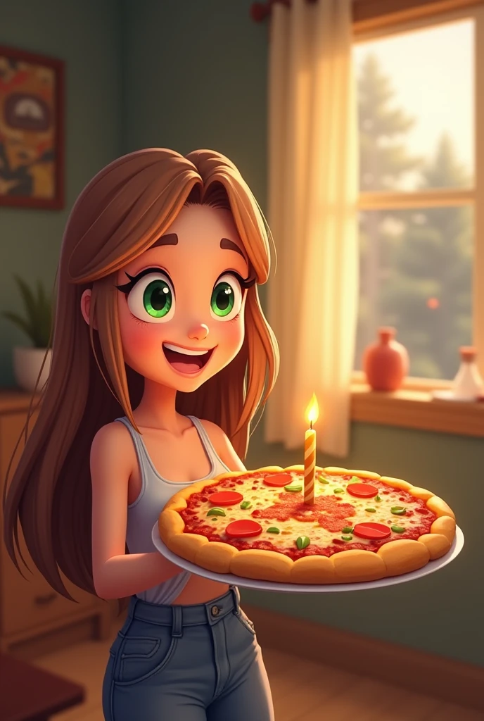 I want to congratulate my friend on his 27th birthday today. He likes pizza, and I would like the pizza to have a 27th birthday candle on it. I'm 2 with long light brown hair and green eyes. I would also like the image to be an animation (like a cartoon) showing me bringing a birthday pizza to him