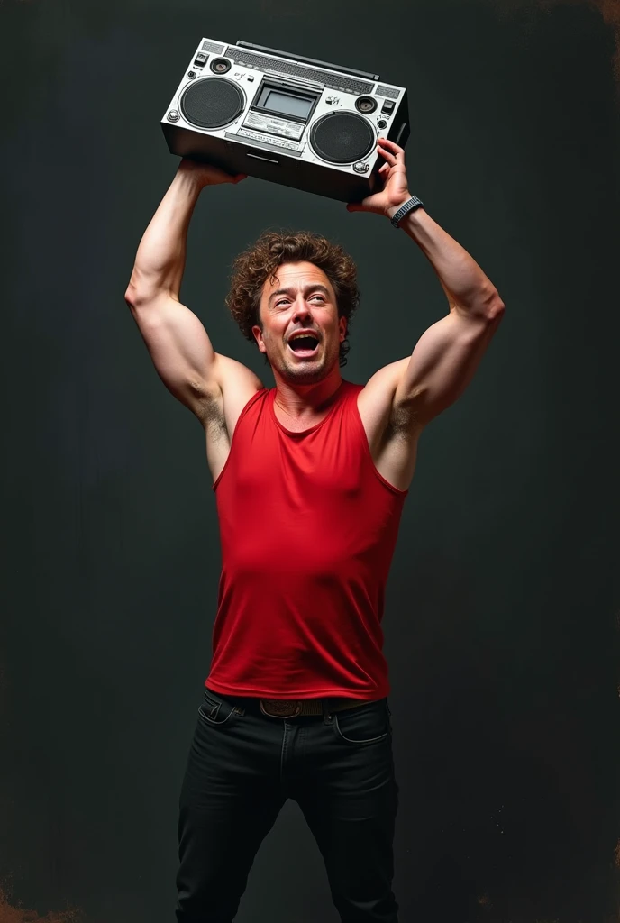 Image Prompt:
The image shows a young elon musk tesla
with curly hair, wearing a red tank top and black jeans. He is holding a boombox above his head and pointing at the radio with his right hand. He has a big sad on his face and appears to be happy and excited. The background is dark