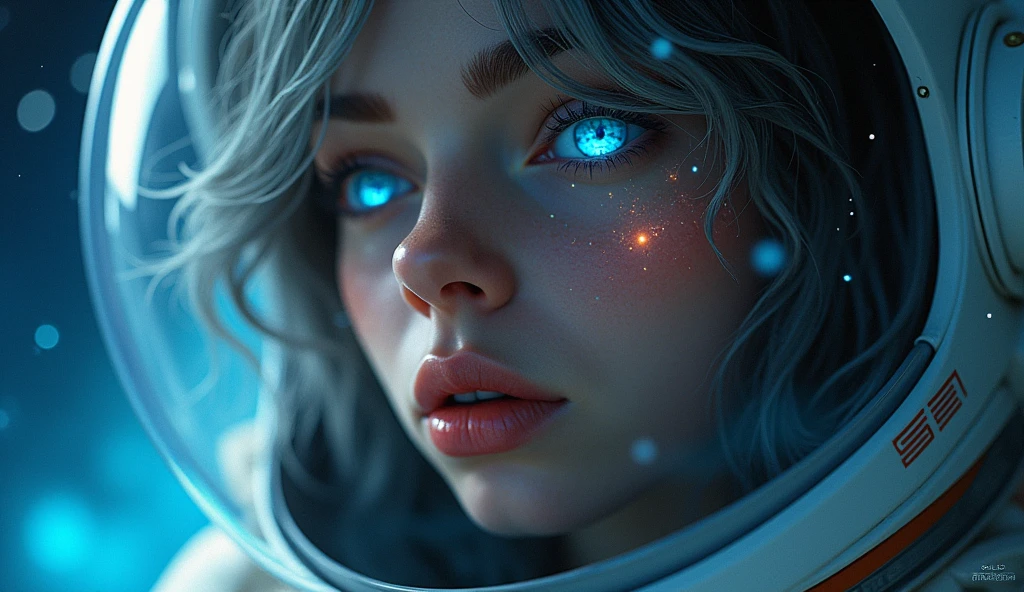 (Close-up of a better masterpiece:1.5)0.9], (Space and astronauts:1.2) (Messy silver hair:1.1) (Heterochromia xanthochromia and blue eyes:1.2) (Space Helmet:1.0) (Colored stars in the eyes:1.0) (A radiant glow:1.1) (thick lips:0.9)