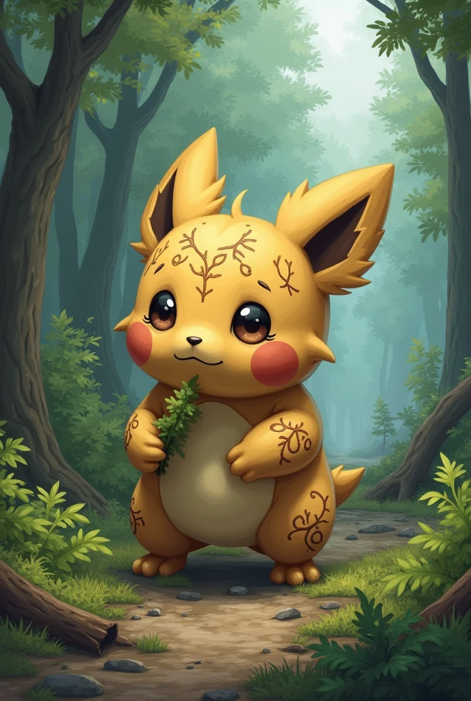 Make a picture about a cute character pokemon type that is the representation of the logging of forests