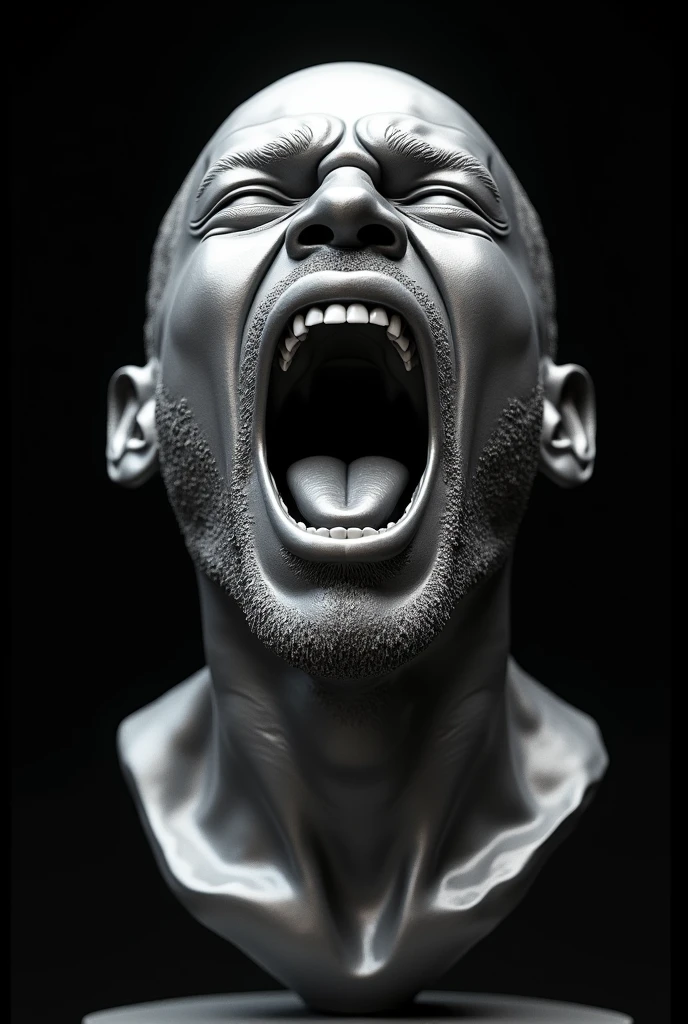 3d silver metallic screaming african man head sculpture floating against a pitch black background extremely detailed and textured